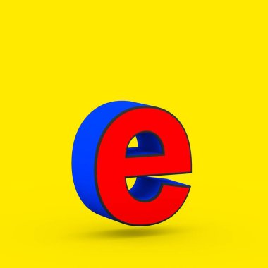 Süper kahraman E harfi küçük. sarı arka plan üzerinde izole stilize retro kırmızı ve mavi yazı tipinin 3D render.