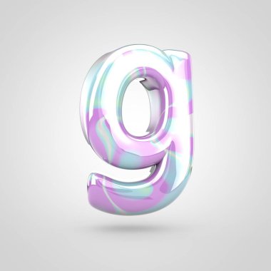 Tek boynuzlu at cilt harf G küçük harf. 3d render parlak yazı tipi beyaz arka plan üzerinde izole.