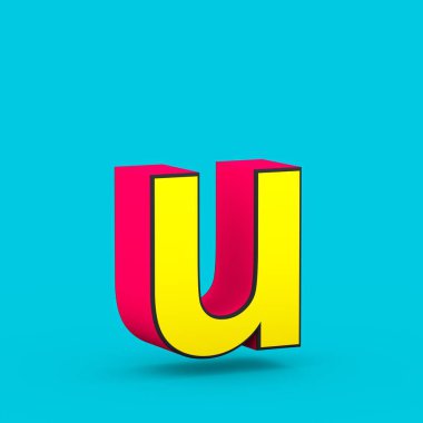 Süper kahraman U harfi küçük. üzerinde mavi arka plan izole stilize retro kırmızı ve sarı yazı tipinin 3D render.