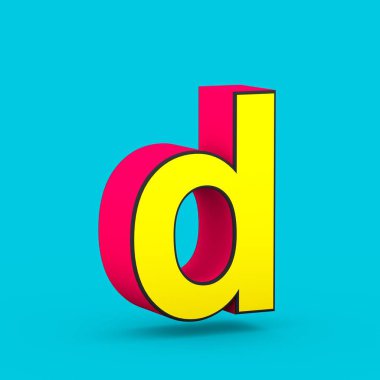 Süper kahraman D harfi küçük. üzerinde mavi arka plan izole stilize retro kırmızı ve sarı yazı tipinin 3D render.