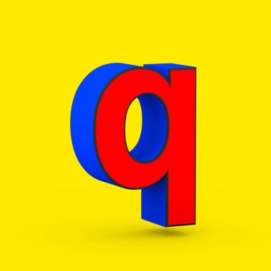 Süper kahraman harf Q küçük. sarı arka plan üzerinde izole stilize retro kırmızı ve mavi yazı tipinin 3D render.