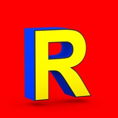 Süper kahraman harf R büyük. kırmızı zemin üzerine izole stilize retro mavi ve sarı yazı tipinin 3D render.