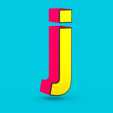 Süper kahraman J harfi küçük. üzerinde mavi arka plan izole stilize retro kırmızı ve sarı yazı tipinin 3D render.