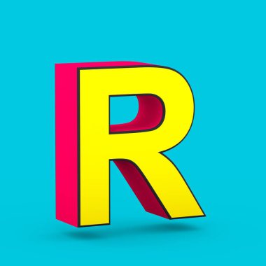 Süper kahraman harf R büyük. üzerinde mavi arka plan izole stilize retro kırmızı ve sarı yazı tipinin 3D render.