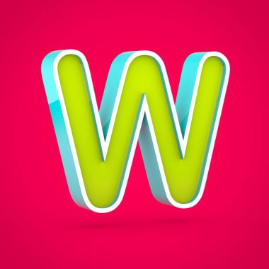 Sulu harf büyük harf W. 3D render renkli kireç ve sıcak pembe izole mavi yazı tipi.