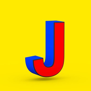 Süper kahraman büyük J harfi. sarı arka plan üzerinde izole stilize retro kırmızı ve mavi yazı tipinin 3D render.