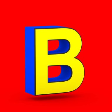 Süper kahraman mektup B büyük harf. kırmızı zemin üzerine izole stilize retro mavi ve sarı yazı tipinin 3D render.