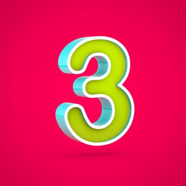 Sulu sayısı 3. 3D render renkli kireç ve sıcak pembe izole mavi yazı tipi.