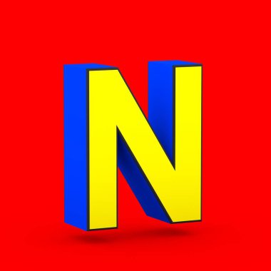 Süper kahraman harf N büyük harf. kırmızı zemin üzerine izole stilize retro mavi ve sarı yazı tipinin 3D render.