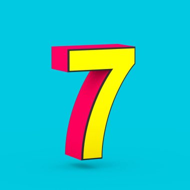 Superhero number 7. 3D render of stylized retro red and yellow font isolated on blue background. clipart