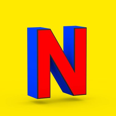 Süper kahraman harf N büyük harf. sarı arka plan üzerinde izole stilize retro kırmızı ve mavi yazı tipinin 3D render.