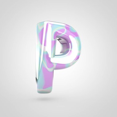 Tek boynuzlu at cilt büyük P harfi. 3d render parlak yazı tipi beyaz arka plan üzerinde izole.