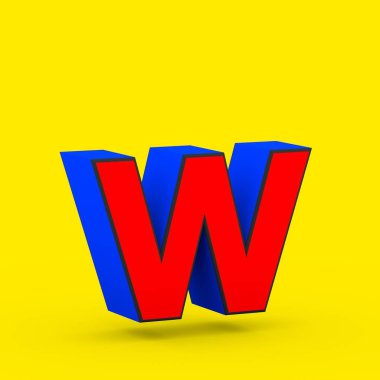 Süper kahraman harf W küçük. sarı arka plan üzerinde izole stilize retro kırmızı ve mavi yazı tipinin 3D render.