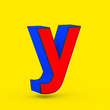 Süper kahraman Y harfi küçük. sarı arka plan üzerinde izole stilize retro kırmızı ve mavi yazı tipinin 3D render.