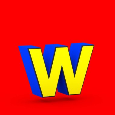 Süper kahraman harf W küçük. kırmızı zemin üzerine izole stilize retro mavi ve sarı yazı tipinin 3D render.