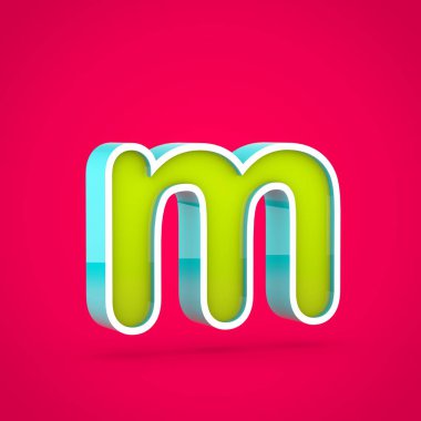 Sulu harf M küçük. 3D render renkli kireç ve sıcak pembe izole mavi yazı tipi.