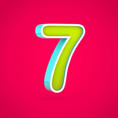 Juicy number 7. 3D render of colorful lime and blue font isolated on hot pink background. clipart
