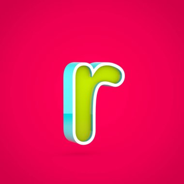 Sulu harf R küçük. 3D render renkli kireç ve sıcak pembe izole mavi yazı tipi.