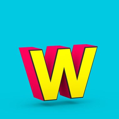 Süper kahraman harf W küçük. üzerinde mavi arka plan izole stilize retro kırmızı ve sarı yazı tipinin 3D render.
