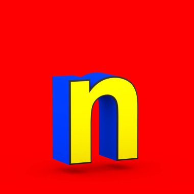 Süper kahraman N harfi küçük. kırmızı zemin üzerine izole stilize retro mavi ve sarı yazı tipinin 3D render.