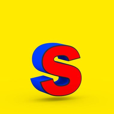 Süper kahraman S harfi küçük. sarı arka plan üzerinde izole stilize retro kırmızı ve mavi yazı tipinin 3D render.