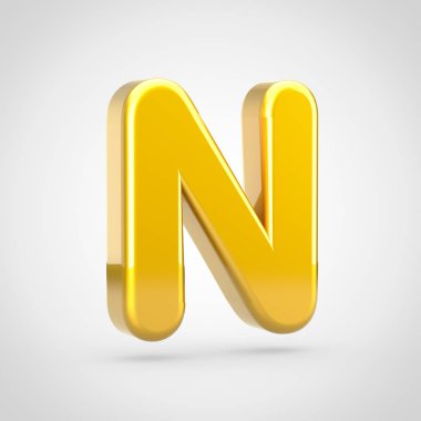 Altın harf N büyük harf. Beyaz arka plan üzerinde izole altın doku ile 3D render yazı tipi.