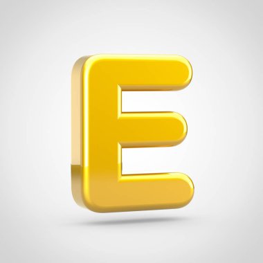Altın harf E büyük harf. Beyaz arka plan üzerinde izole altın doku ile 3D render yazı tipi.