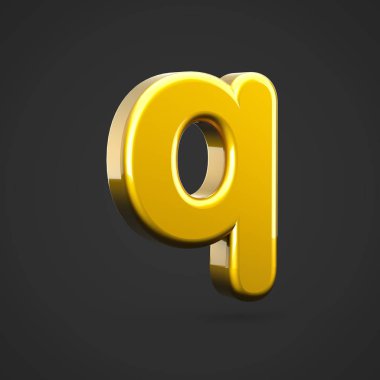 Altın harf Q küçük. siyah arka plan üzerine izole altın doku ile 3D render yazı tipi.