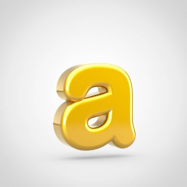 Bir küçük altın harf. Beyaz arka plan üzerinde izole altın doku ile 3D render yazı tipi.