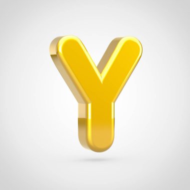 Altın harf büyük harf Y. Beyaz arka plan üzerinde izole altın doku ile 3D render yazı tipi.