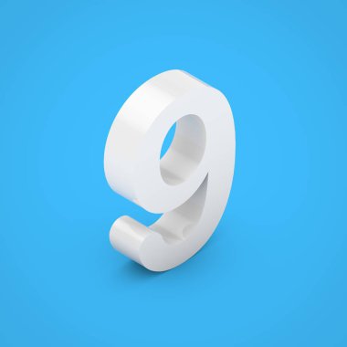 Beyaz 9 numara. üzerinde mavi arka plan izole 3d render beyaz parlak izometrik yazı tipi.