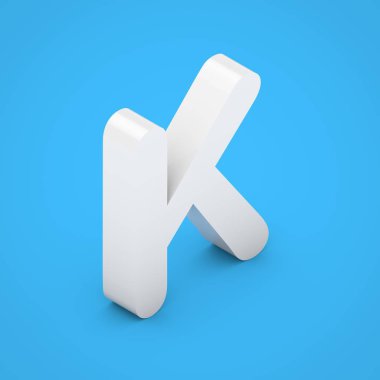 Beyaz harf K büyük harf. üzerinde mavi arka plan izole 3d render beyaz parlak izometrik yazı tipi.