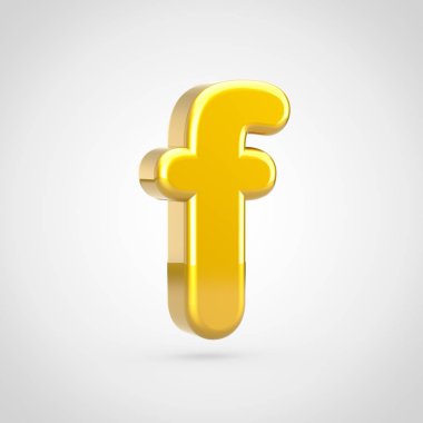 Altın harf F küçük. Beyaz arka plan üzerinde izole altın doku ile 3D render yazı tipi.