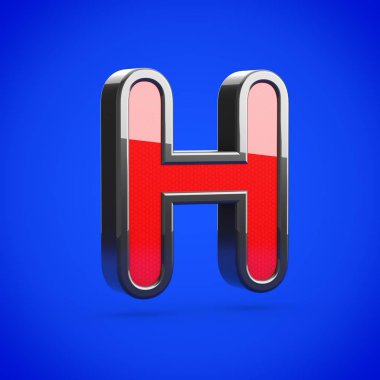Süper kahraman büyük H harfi. 3D render mavi arka plan üzerinde izole stilize retro kırmızı ve siyah parlak yazı tipi.