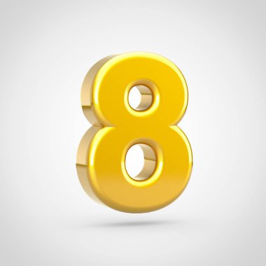 Altın sayı 8. Beyaz arka plan üzerinde izole altın doku ile 3D render yazı tipi.