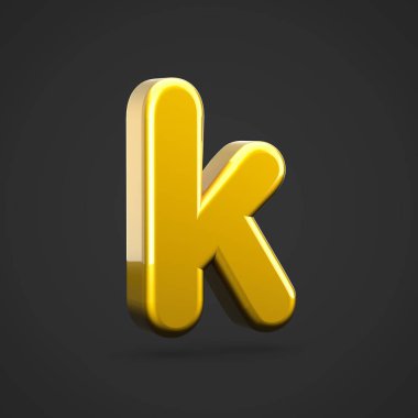 Altın harf K küçük. siyah arka plan üzerine izole altın doku ile 3D render yazı tipi.