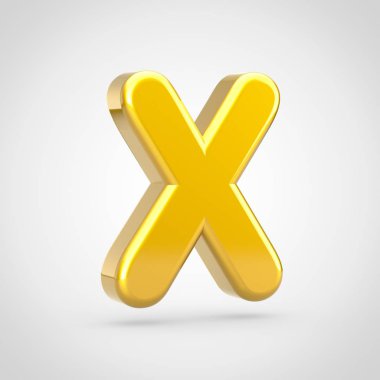 Altın harf X büyük harf. Beyaz arka plan üzerinde izole altın doku ile 3D render yazı tipi.