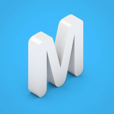 Beyaz harf büyük harf M. üzerinde mavi arka plan izole 3d render beyaz parlak izometrik yazı tipi.