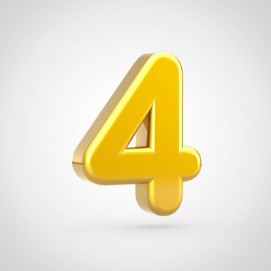 Altın sayı 4. Beyaz arka plan üzerinde izole altın doku ile 3D render yazı tipi.