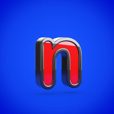 Süper kahraman N harfi küçük. 3D render mavi arka plan üzerinde izole stilize retro kırmızı ve siyah parlak yazı tipi.