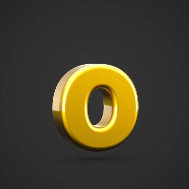 Altın harf O küçük. siyah arka plan üzerine izole altın doku ile 3D render yazı tipi.