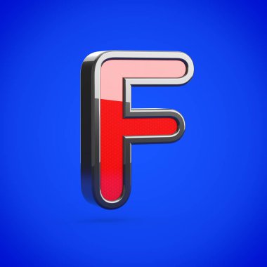 Süper kahraman harf F büyük harf. 3D render mavi arka plan üzerinde izole stilize retro kırmızı ve siyah parlak yazı tipi.