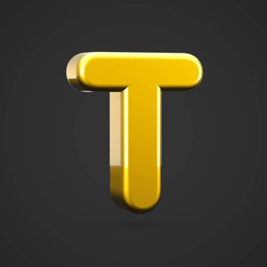 Altın harf T büyük harf. siyah arka plan üzerine izole altın doku ile 3D render yazı tipi.