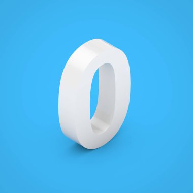 Beyaz numarası 0. üzerinde mavi arka plan izole 3d render beyaz parlak izometrik yazı tipi.