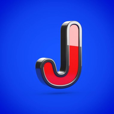 Süper kahraman büyük J harfi. 3D render mavi arka plan üzerinde izole stilize retro kırmızı ve siyah parlak yazı tipi.