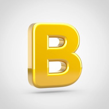 Altın harf B büyük harf. Beyaz arka plan üzerinde izole altın doku ile 3D render yazı tipi.