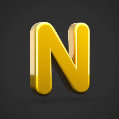 Altın harf N büyük harf. siyah arka plan üzerine izole altın doku ile 3D render yazı tipi.