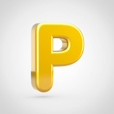 Altın harf P büyük harf. Beyaz arka plan üzerinde izole altın doku ile 3D render yazı tipi.