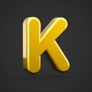 Altın harf K büyük harf. siyah arka plan üzerine izole altın doku ile 3D render yazı tipi.