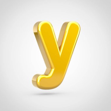 Altın harf Y küçük. Beyaz arka plan üzerinde izole altın doku ile 3D render yazı tipi.